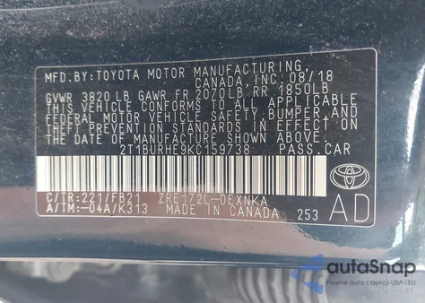 2019 Toyota Corolla Le из США, поврежденный, VIN 2T1BURHE9KC159738